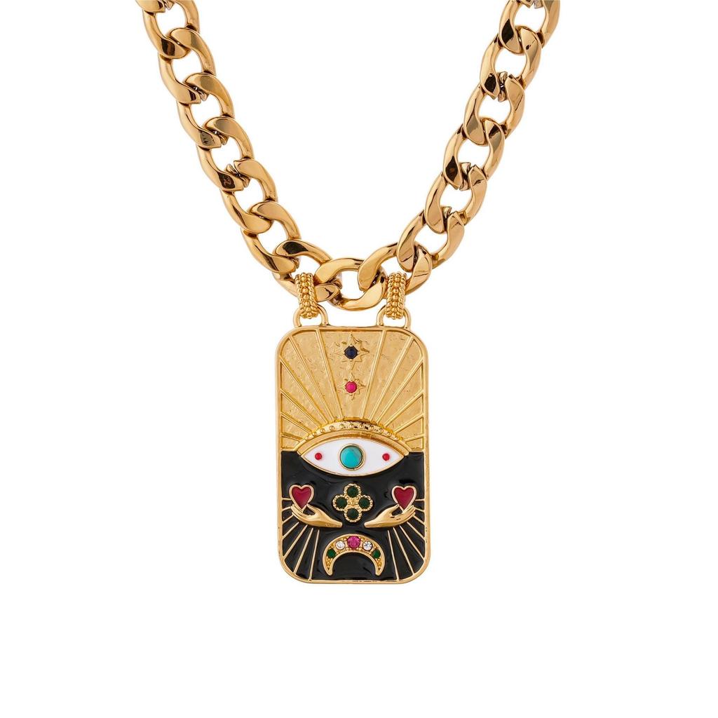 Gold-Plated Copper Tarot Necklace and Bracelet Set with Colored Enamel Demon Eye Design