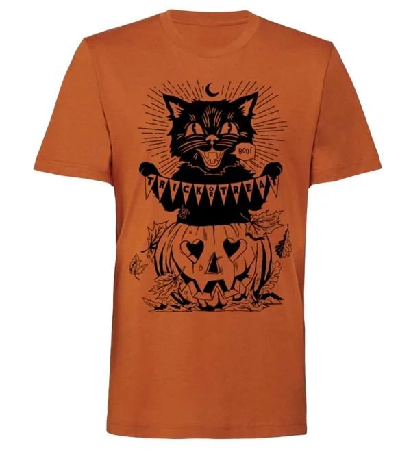 Trick or Treat Cat Rust Halloween Cute Spooky Graphic Tee Shirt