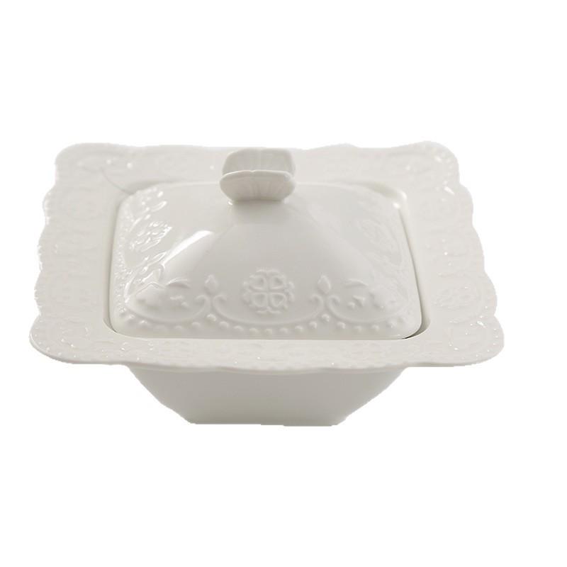 European Gold Rim Ceramic Bird's Nest Dessert Bowl with Lid | Embossed Palace Tureen Set for Sweet Soup