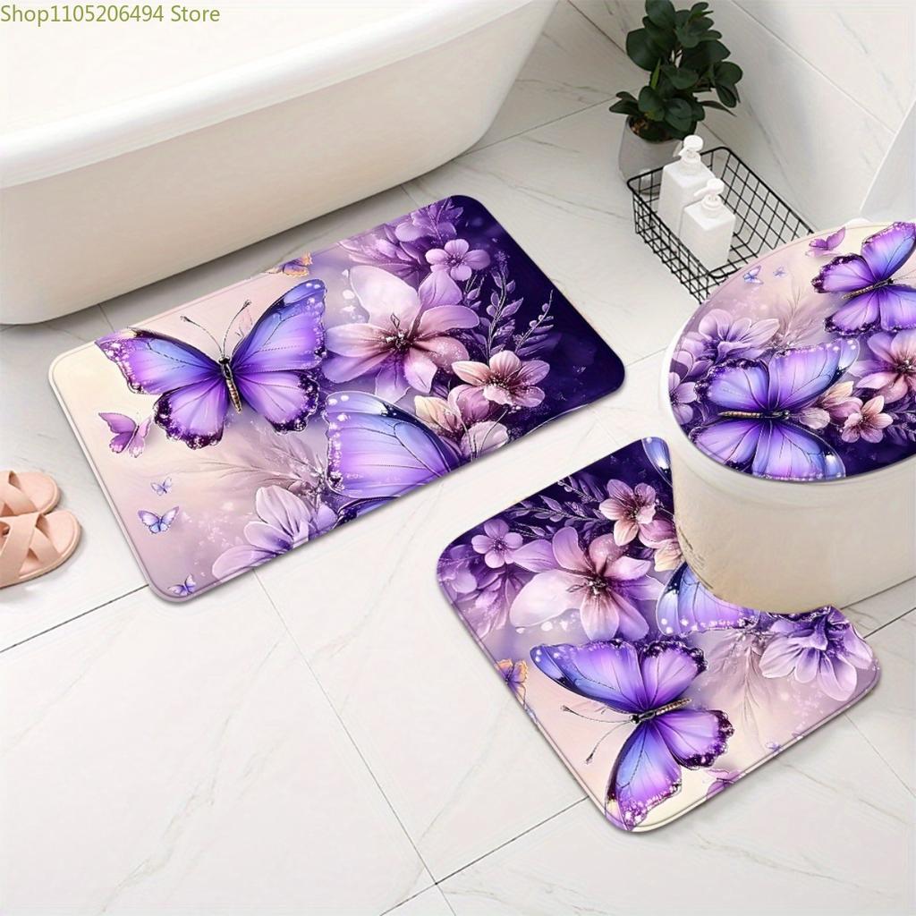 1/3/4pcs, Transform Your Bathroom with Purple Butterfly 2D FLAT Shower Curtain and Matching Rug Set - Elegant Floral Design fo