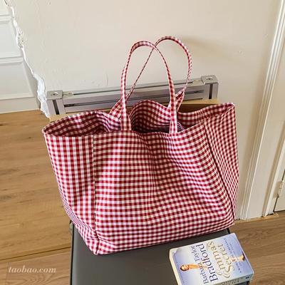 Slack Large Capacity Plaid Canvas Bag Women's 2025 New Commuter Shoulder Bag College Student Class Tote Bag