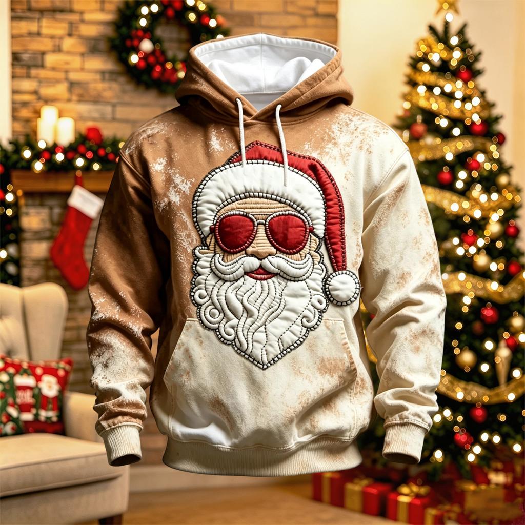 Men's Long Sleeve Hooded Sweatshirt with Christmas Graphic Print, Casual Pullover for Holiday and Winter Wear