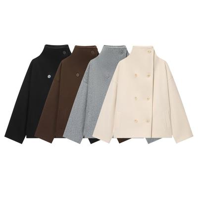 Womens Oversized Wool-Blend Double-Breasted Turtleneck Coat Streetwear Outerwear