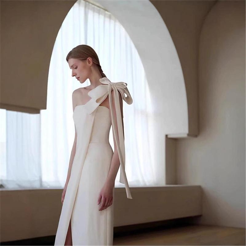 Single shoulder bow split long dress feeling banquet dress niche design elegant dress