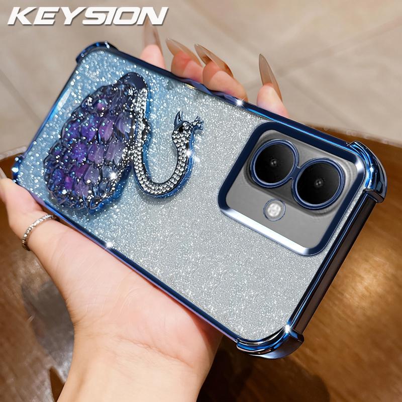KEYSION Shockproof Plating TPU Phone Case for TECNO Spark Go 2 Pop 10 Glitter Jewelled Swan Kickstand Cover for Infinix Smart 10