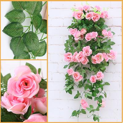 Kunstig Blomst Rattan Falsk Plante Ranke Dekorasjon Vegghengt Roser Blomster for Hjem Bryllup Fest Interiør Utendørs Dekorasjon