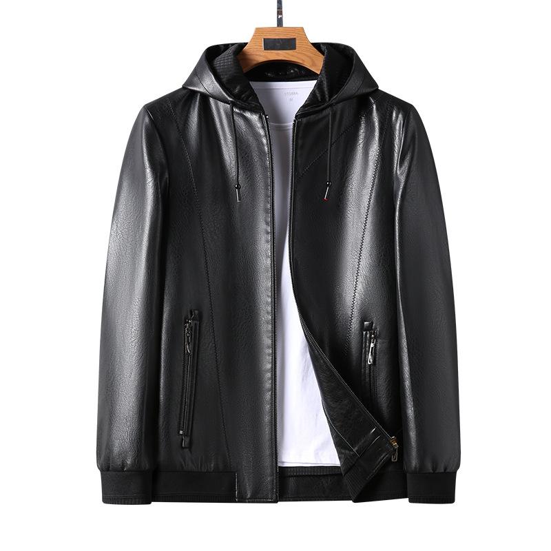 Deri Ceket Erkek Sonbahar ve Kış Yeni Erkek Moda Kapüşonlu Yumuşak Deri Ceket Ceket Erkek Günlük Bol Deri Ceket