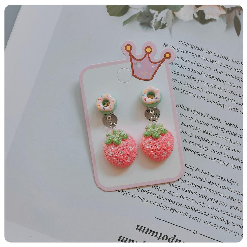 Children's Cute Fruit Candy Donut Ear Clips - Sweet Cartoon Faux Wool Student Earrings