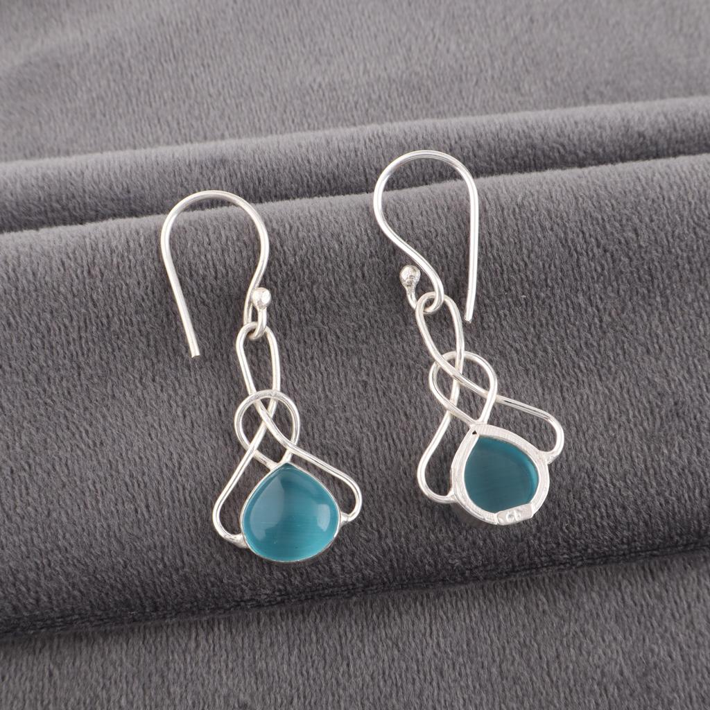 Blue Cat's Eye Gemstone Earrings, 925 Sterling Silver Earrings Jewelry, Handmade Jewelry Earrings, Balancing Jewelry Gift For Women