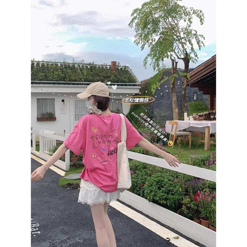 Korean dopamine letter graffiti print short-sleeved T-shirt women s summer loose meat cover thin lazy feeling small top S【 52.5kg inner wear】