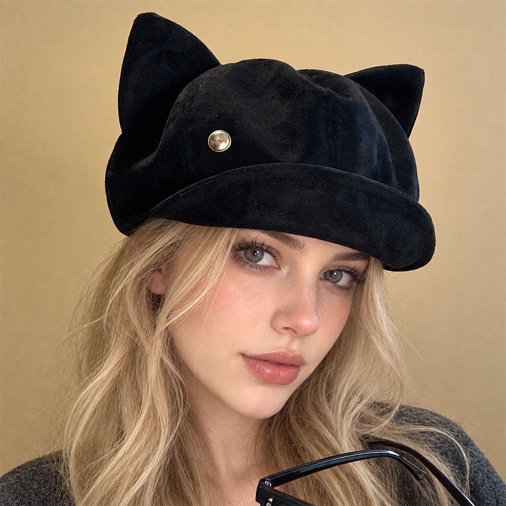 Soft Fabric Cat Ears Hat Solid Color Octagonal Hat Vintage Newsboy Cap Autumn Winter