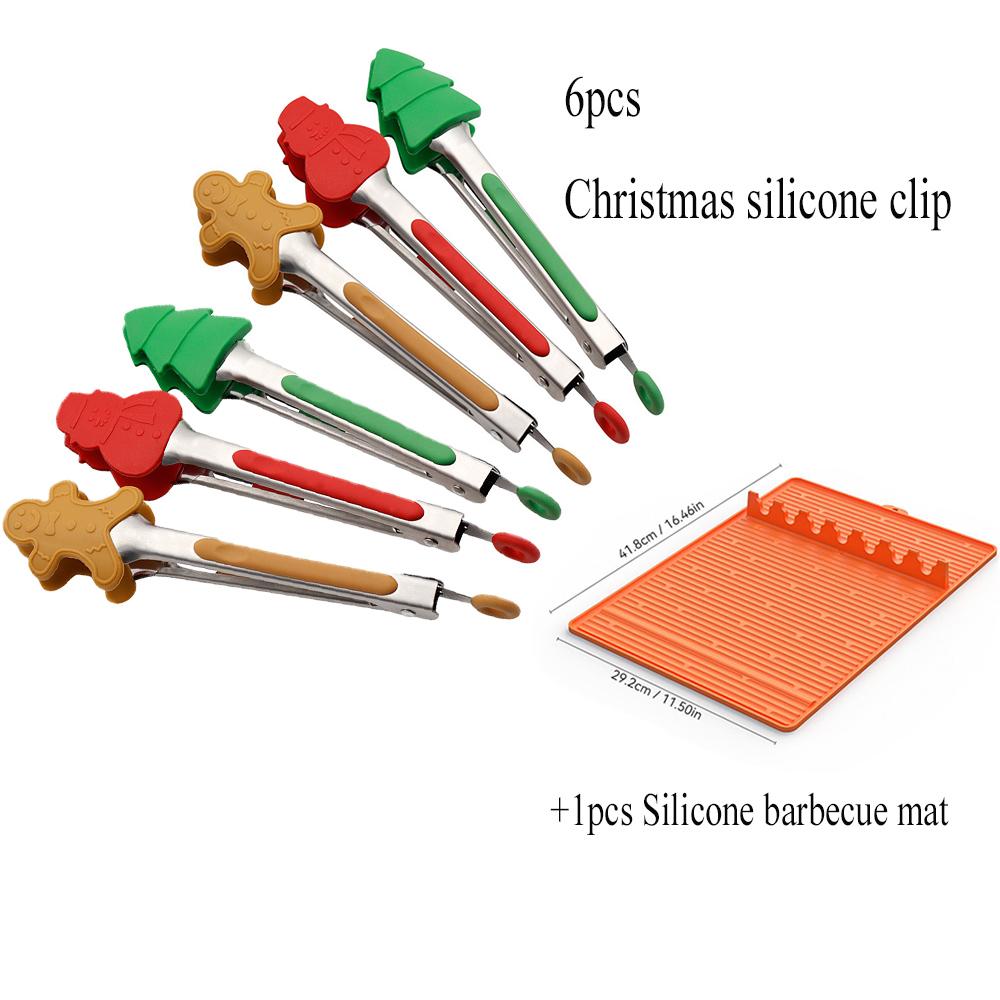 Christmas Food Tongs 6 Pcs Grip Serving Gingerbread Man Tree Nonstick Tip Reusable Bacon Silicone Tongs Meat Server