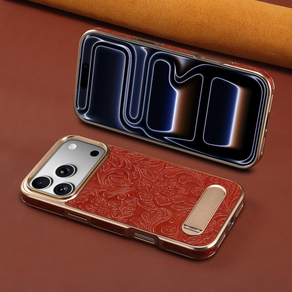 Tang Flower Design Genuine Cowhide Leather Phone Case for iPhone 17 Pro Max 17Air 16 15 14 13 Pro Magnetic Invisible Stand Cover