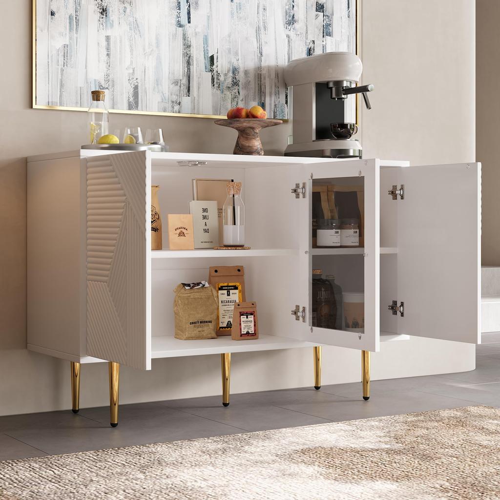 Sideboard mit 3 Türen, Kommode mit Glastür und Metalfüßen Buffetschrank für Esszimmer Wohnzimmer oder Flur, 120x38 x79.5 cm, Weiß