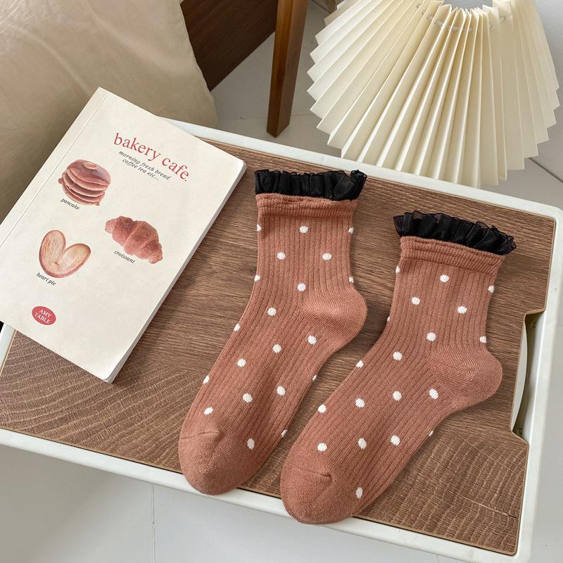 24 Autumn And Winter Mesh Lace Socks Children'S Japanese Retro Polka Dot Fashion Medium Tube Women'S Socks Short Women'S Socks