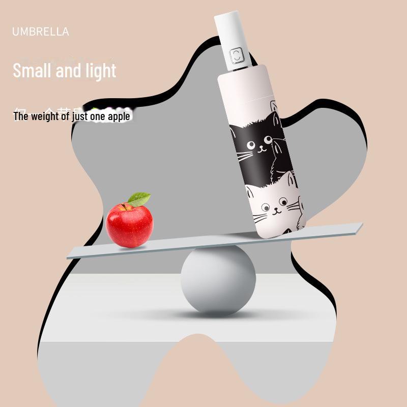 8-ribbers automatisk katteparaply: Svart og hvit vinyl med søtt tegneseriemønster for solfylte og regnværsdager