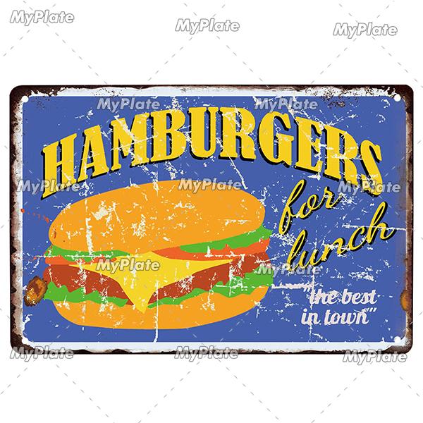 [MyPlate] Hamburger Metal Sign Plaque Metal Vintage Tin Sign Wall Decor For Club Man Cave Bar Decoration Tin Plate
