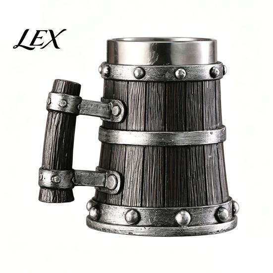 Edelstahl Bierbecher Holzfass Becher, 600ml Einsatz Stein, Eichenoptik Becher Rustikales Humpen für Kneipe Heimbar Party Geschenk Fußballspiele