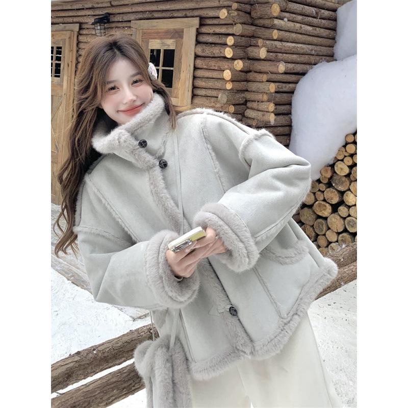 Damen Winter 2025 Blauer Pelz Lammwolle Mantel - Fauler Stil Wildleder Samt Baumwolle Kurze Jacke