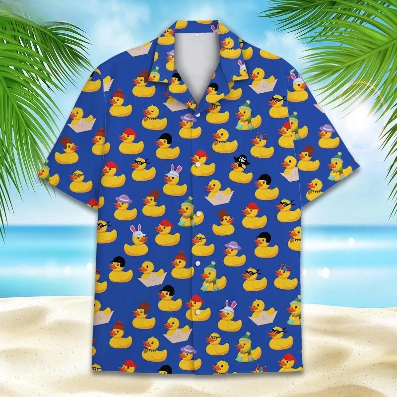 Summer Fun Duck Pattern Hawaiian Men's Shirt - Yellow Duck 3D Print - Casual Buttoned Shirt - Quick-Dry and Breathable