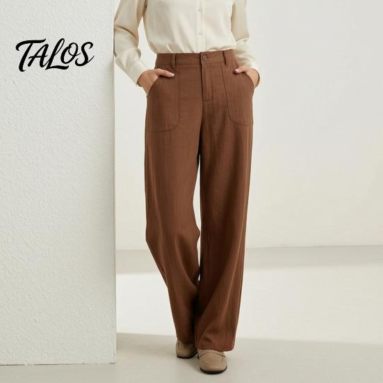 Bequeme Hose Baumwolle Leinen Weites Bein für Damen, Lockerer Knopf Elastischer Bund Arbeitsbund Freizeit Hose, Einfarbige Palazzo mit Taschen