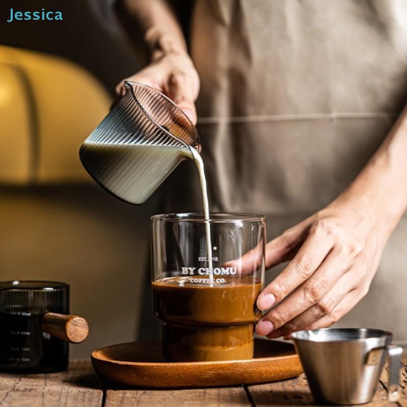 Ribbed Glass Milk Frothing Cup with Wooden Handle - 120ml Measuring Cup for Coffee & Milk