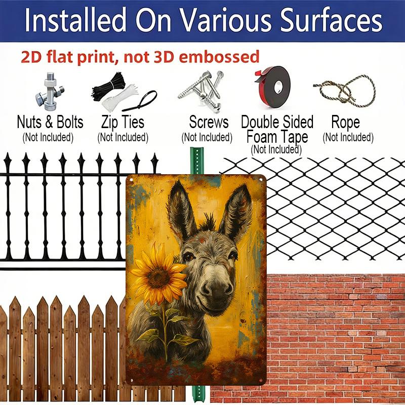 2D Flat, Vintage Metal Donkey Sign, Cute Donkey and Sunflower Patterns, 8x12 Inch, Durable Aluminum Material, Indoor/Outdoor Decorative Hanging Plate