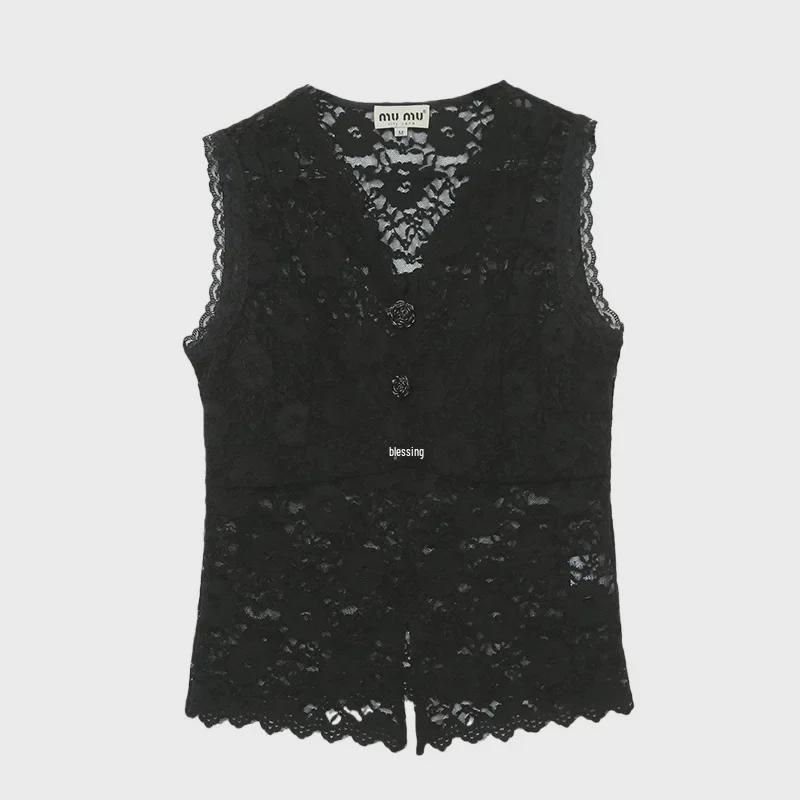 Women's Chinese-Style V-Neck Lace Sleeveless Slim Fit Top
