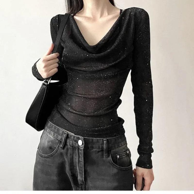 Women's Glitter Top Long-Sleeve Cowl Neck with Ruched Slim Fit