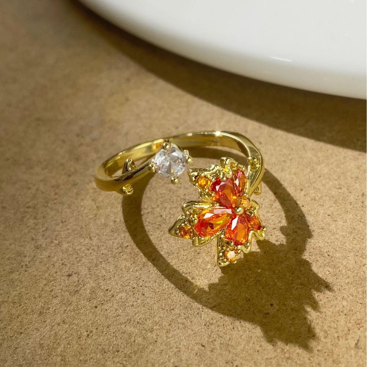 Red Maple Leaf Zircon Open Ring - Retro Luxury Autumn/Winter Fashion