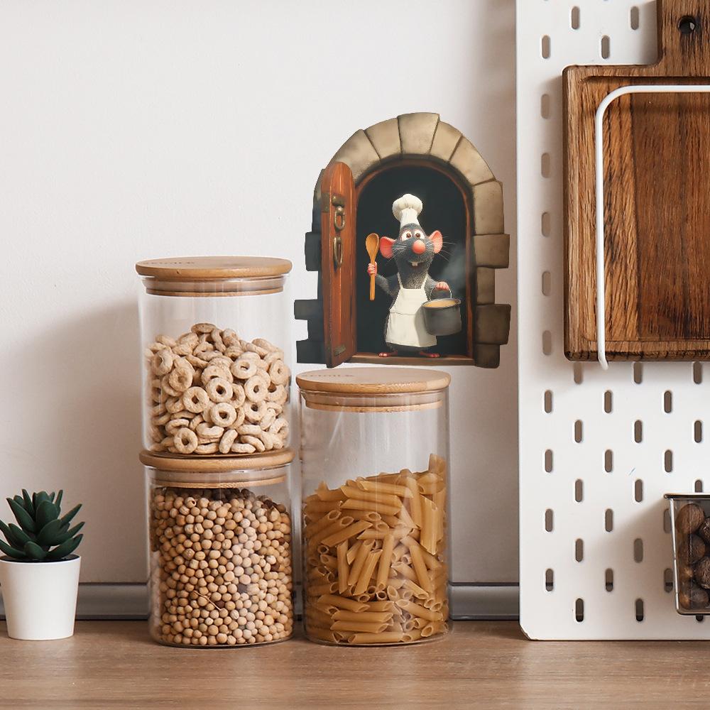 Cartoon Chef Mouse at Mouse Hole Wall Sticker for Kitchen Dining Room Home Decor Self-Adhesive Removable Decal