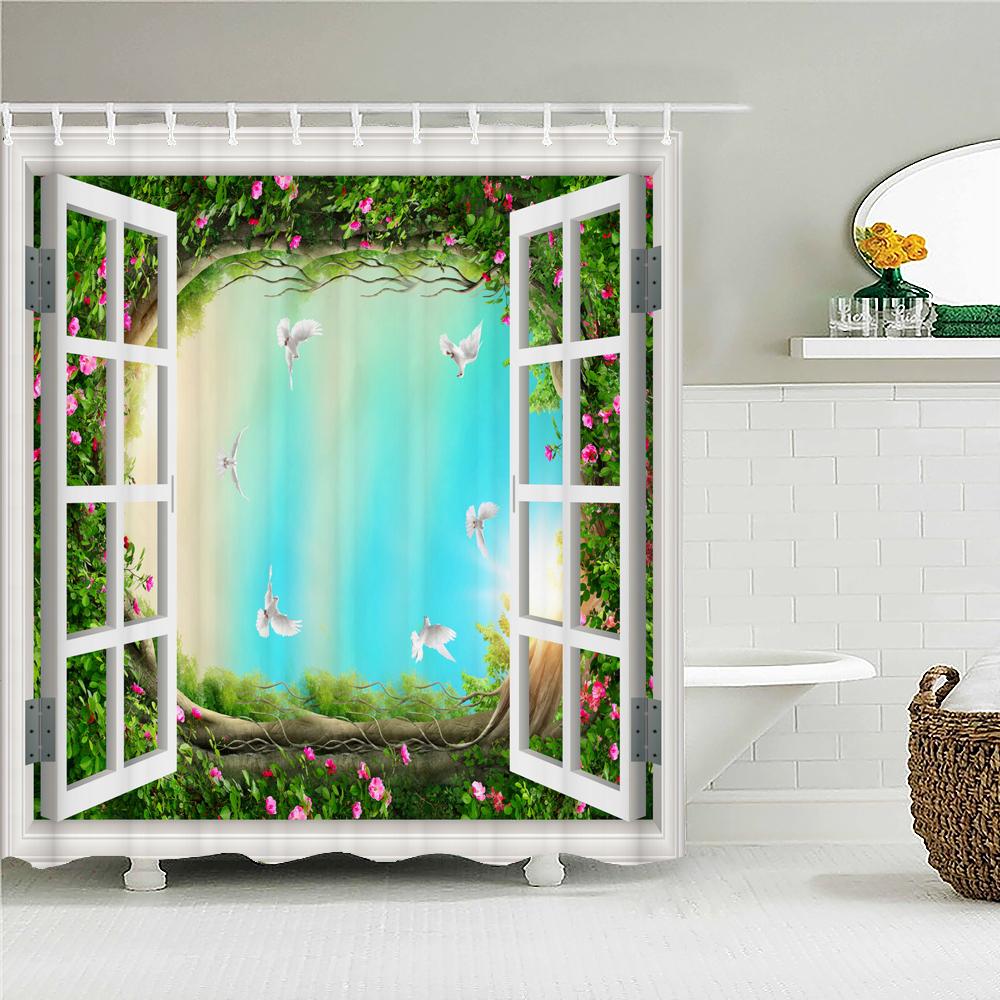 Bath Curtain 3D Printing Window Scenery Forest Shower Curtains 180*200Cm Waterproof Bathroom Curtain Washable Fabric With Hooks