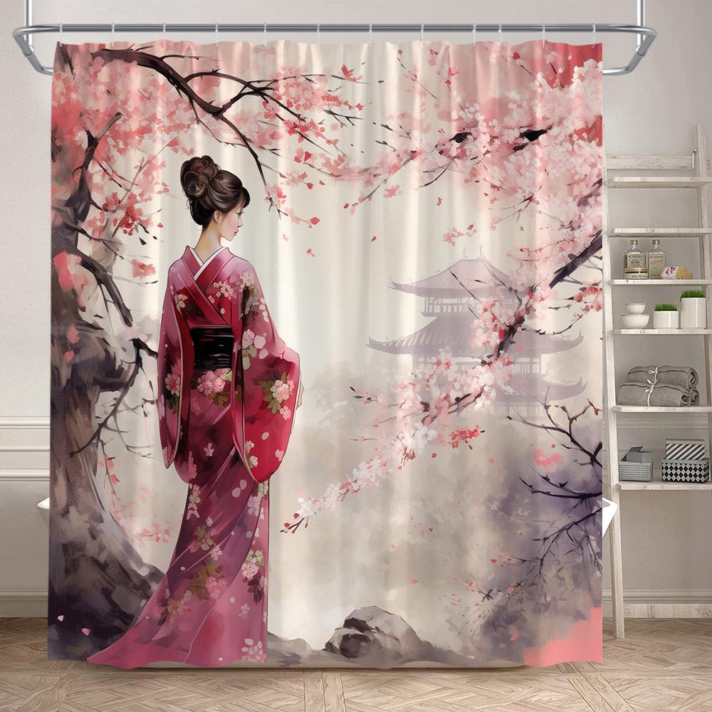 Japanese Style Shower Curtain Pink Cherry Blossom Floral White Crane Mountain Koi Carp Ink Scenery Modern Bathroom Curtain Decor