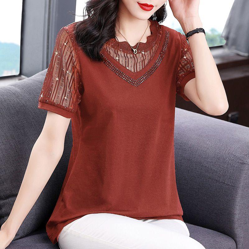 Commute Fashion Gauze Spliced Pullovers Women's Clothing Casual Round Neck Diamonds Summer Short Sleeve Solid Color T-shirt