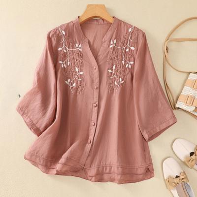 Women's Short Sleeve T-shirt Summer Cotton Linen Casual V Neck Embroidered Blouse Top