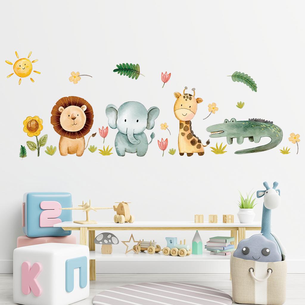 Cartoon Cute Lion Animals Tropical Leaf Watercolor Wall Sticker Self-adhesive Nursery Kids Boys Room Home Decor