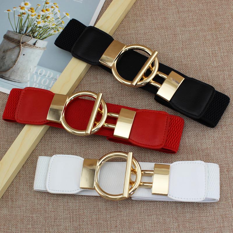 Fashionable Elastic Belt with Round Gold Buckle In Black and White