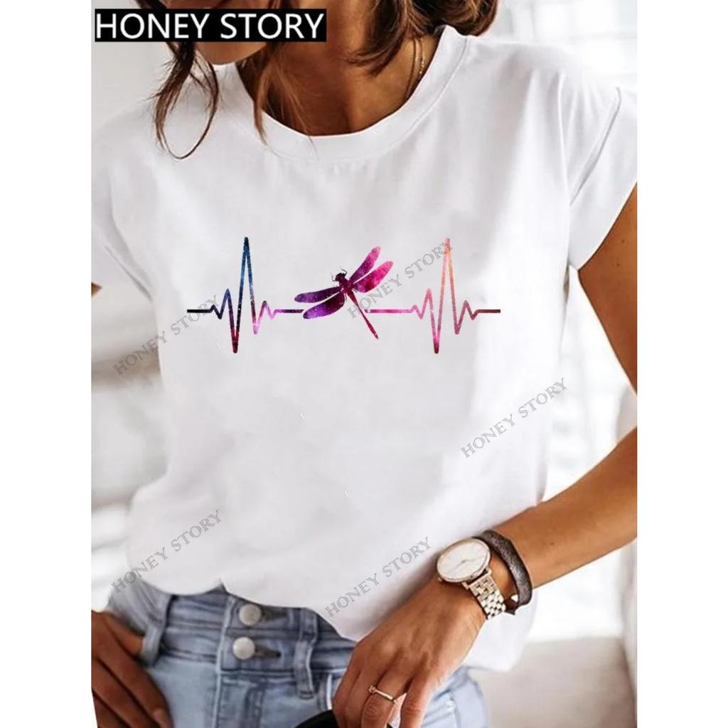 Dragonfly butterfly print blouse loose women's short-sleeved T-shirt round neck casual fashion daily