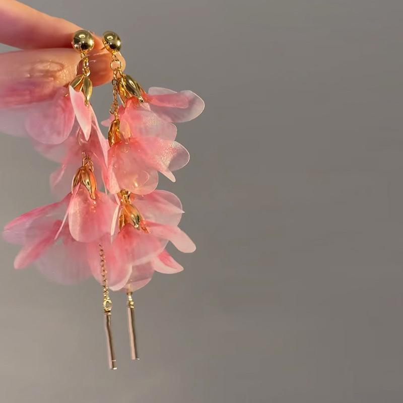Mesh flower fringed earrings super fairy small fresh versatile stud earrings niche fashion sweet earrings women