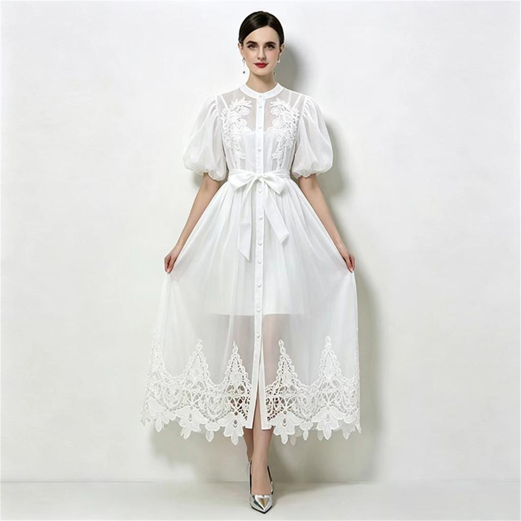 Summer Holiday Gorgeous Flower Embroidery Prom Dress for Women's Stand Lantern Sleeve Belt Lace Trims Single Breasted Long Robes