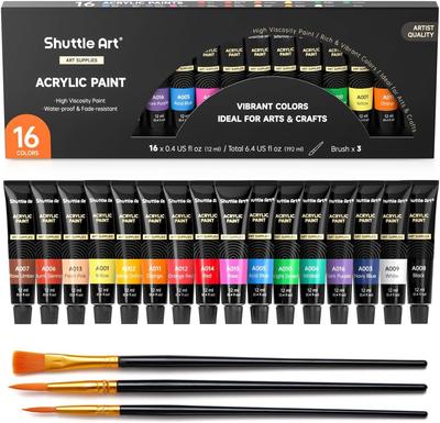 Shuttle Art Acrylic Set with 3 Durable 12ml Perfect for and Coloring Art and Professionals Paints, 16-Color Paintbrushes, Fast-Drying, Tubes, Crafts,