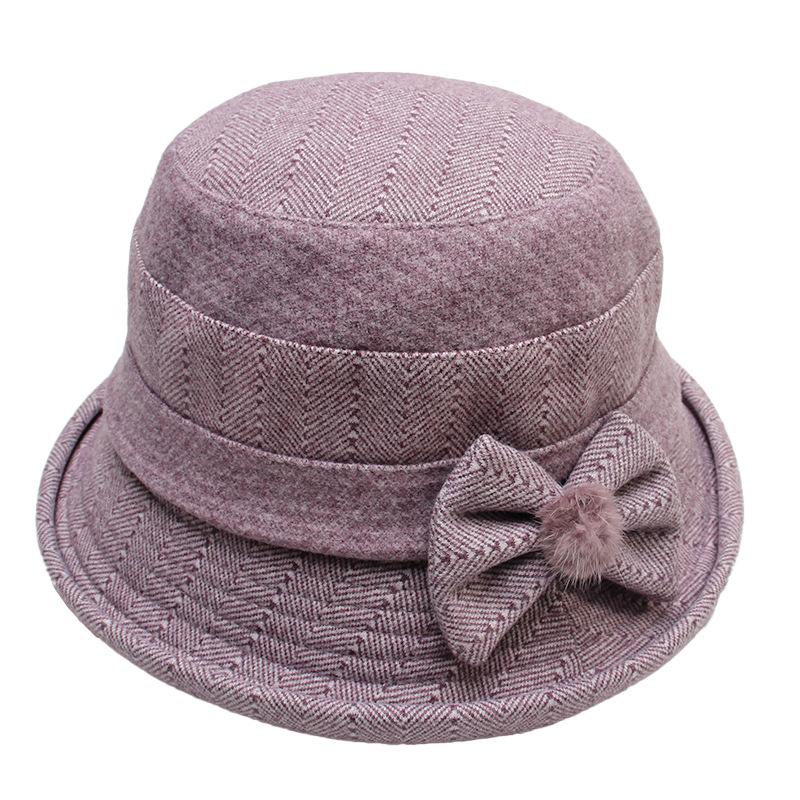 Middle-aged and Elderly Hat Lady Autumn and Winter Warm Woolen Bucket Hat Mother Grandma Old Lady Hat Bow Basin Hat