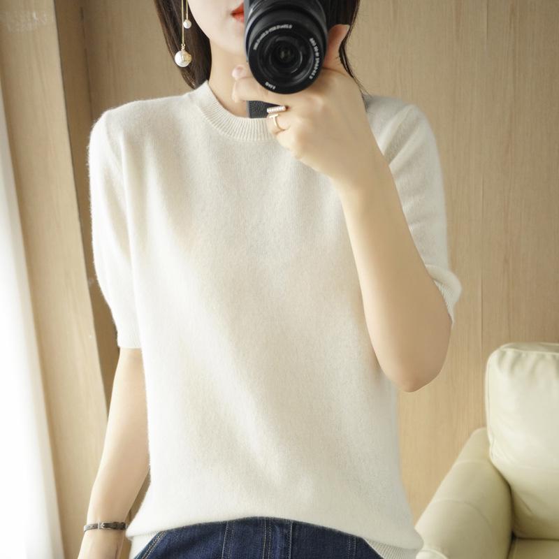 Women's Wool Blend Half High Neck Short Sleeve Loose Base Sweater Top