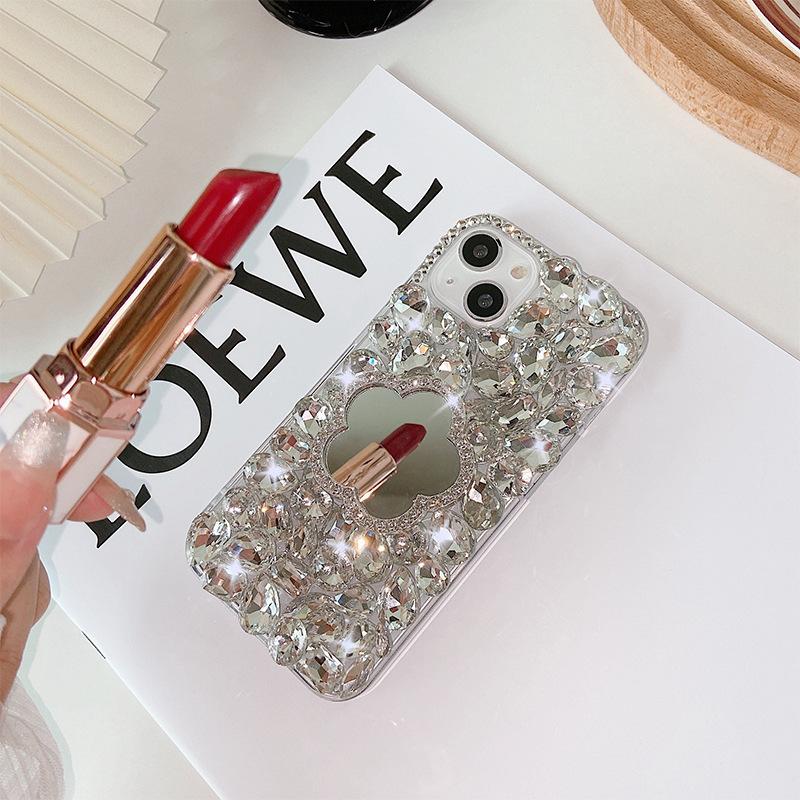 

Applicable to Iphone16 rhinestone mirror Apple 17Pro mobile phone case 14/Xr/8Plus luxury makeup mirror iPhone 7/8/SE 2020