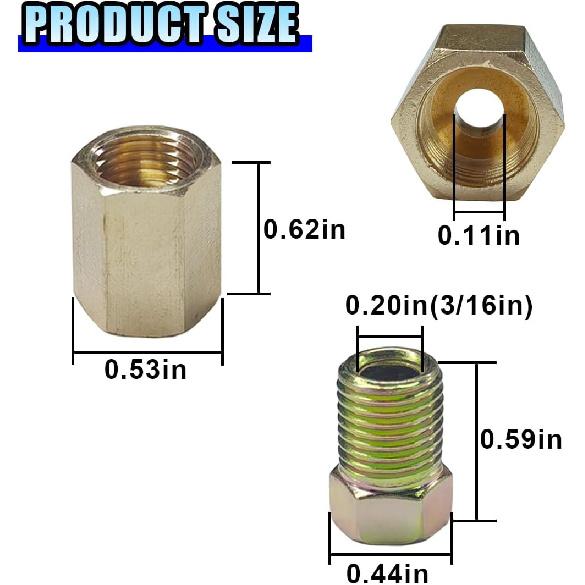 12PCS 3/8 Inch-24 Threads Brake Line Fittings Assortment - Brass Brake Line Inverted Flare Fittings Kit Include 4 Unions and 8 Nuts for 3/16 Inch
