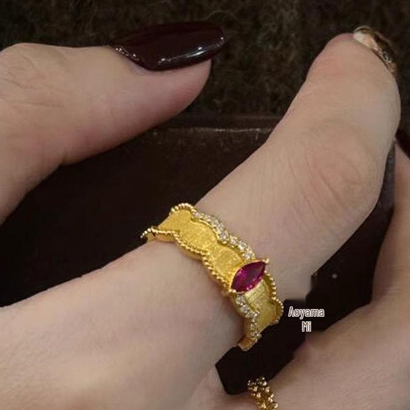 Anillo Abierto de Doble Capa con Cadena y Circonita Roja Vintage