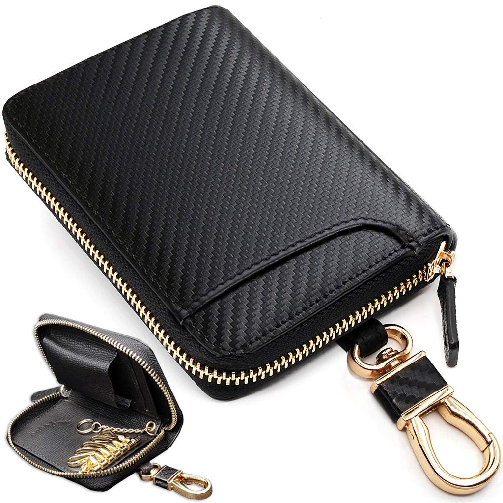 PEYNE Genuine Leather Smart Key Case Carbon Card Large Coin Purse Carbon Embossed Calfskin Men's - Fiber, Slots, Capacity, (Outer Black, Interior