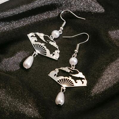 1PAIR New Chinese Retro National Fan-shaped Tassel Earrings Female National Style Hollow Cloud Fan Hanging Dangle Earrings Jewelry