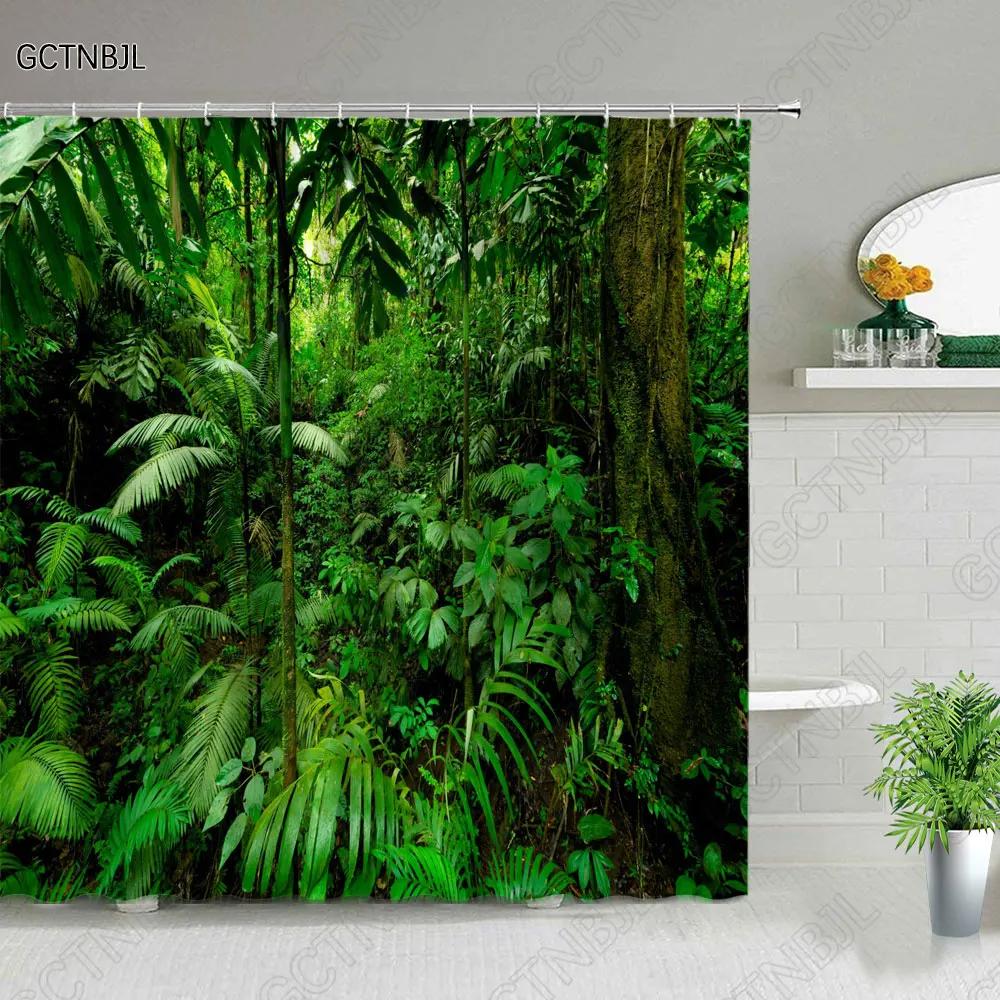 Modern 3D Printing Green Plant Tree Scenery Shower Curtains Forest Bamboo Landscape Bath Curtain Set For Bathroom Decor Cloth