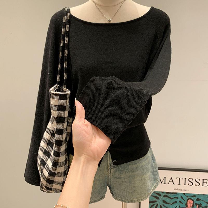 

Soft Milky Yellow Off-Shoulder Knit Sweater - Women s Autumn Slit Long Sleeve Top Large